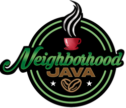 Logo of Neighborhood Java with a red coffee cup and green text on a white background